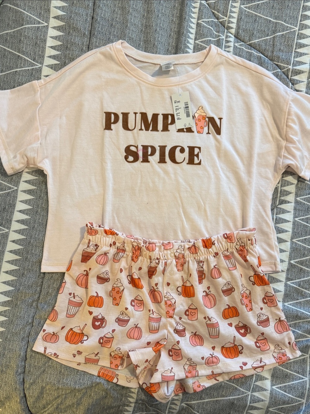 Pumpkin Spice Pink Kids Short Sleeve Pajama Set - Tee & Printed Shorts